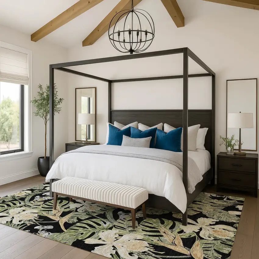 Black Green And Beige Floral Washable Area Rug With UV Protection Photo 4