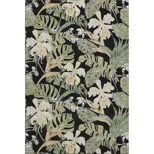 Photo of Black Green And Beige Floral Washable Area Rug With UV Protection