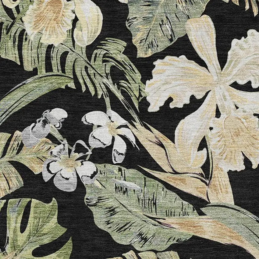 Black Green And Beige Floral Washable Area Rug With UV Protection Photo 2
