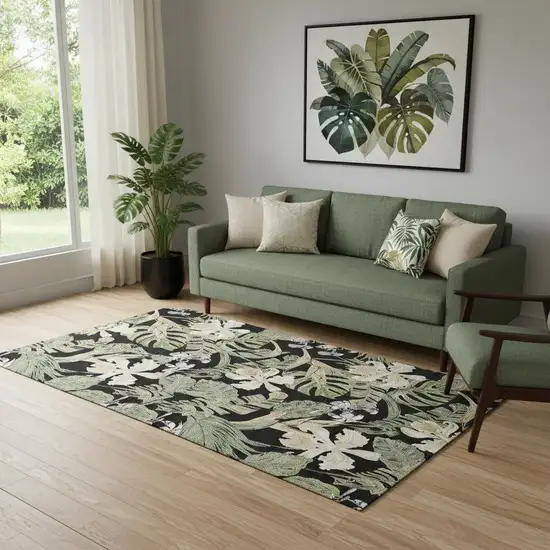 Black Green And Beige Floral Washable Area Rug With UV Protection Photo 2