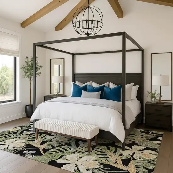 Black Green And Beige Floral Washable Area Rug With UV Protection Photo 4