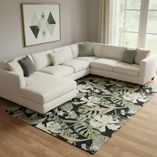 Black Green And Beige Floral Washable Area Rug With UV Protection Photo 2