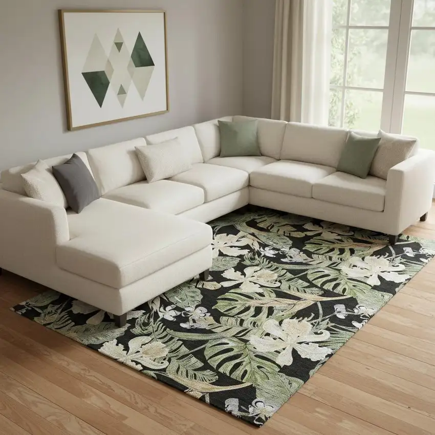 Black Green And Beige Floral Washable Area Rug With UV Protection Photo 2