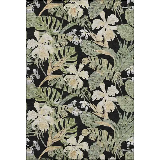Black Green And Beige Floral Washable Area Rug With UV Protection Photo 1