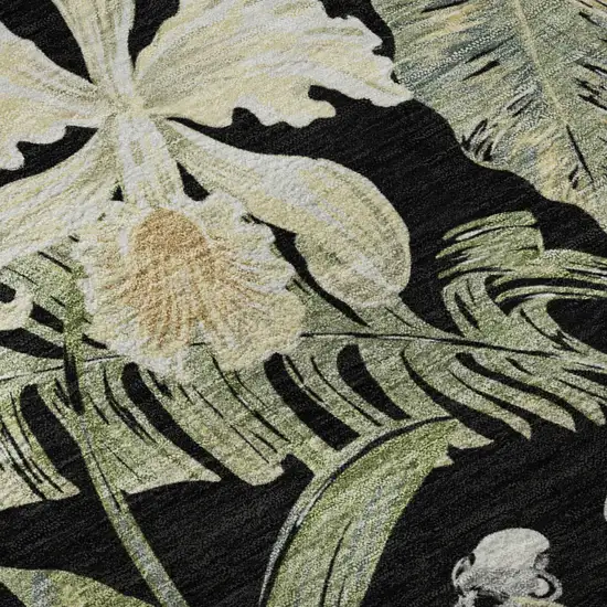 Black Green And Beige Floral Washable Area Rug With UV Protection Photo 8