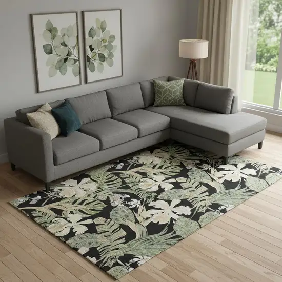 Black Green And Beige Floral Washable Area Rug With UV Protection Photo 2