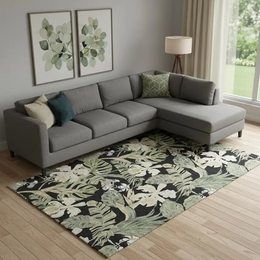 Black Green And Beige Floral Washable Area Rug With UV Protection Photo 2
