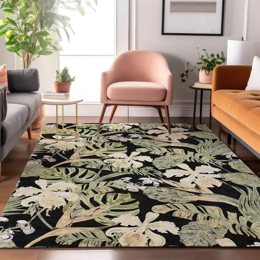 Black Green And Beige Floral Washable Area Rug With UV Protection Photo 4