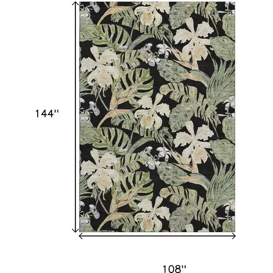 Black Green And Beige Floral Washable Area Rug With UV Protection Photo 9