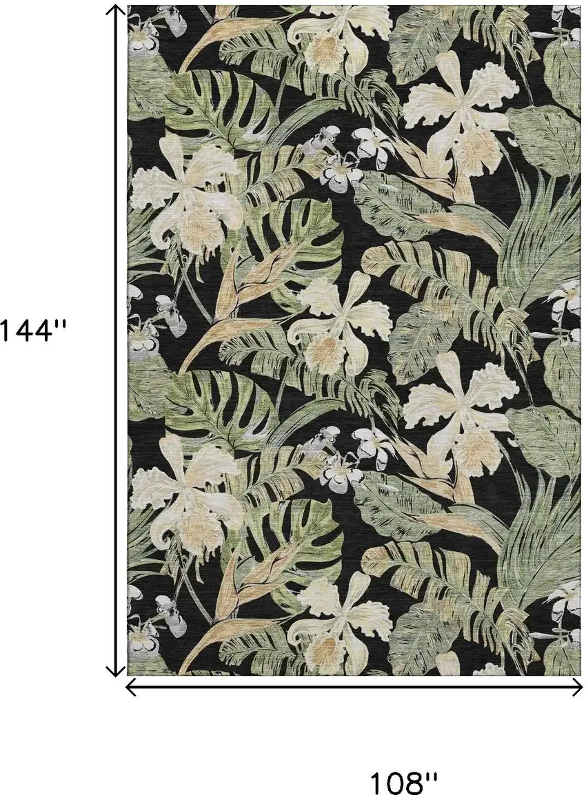 Black Green And Beige Floral Washable Area Rug With UV Protection Photo 9