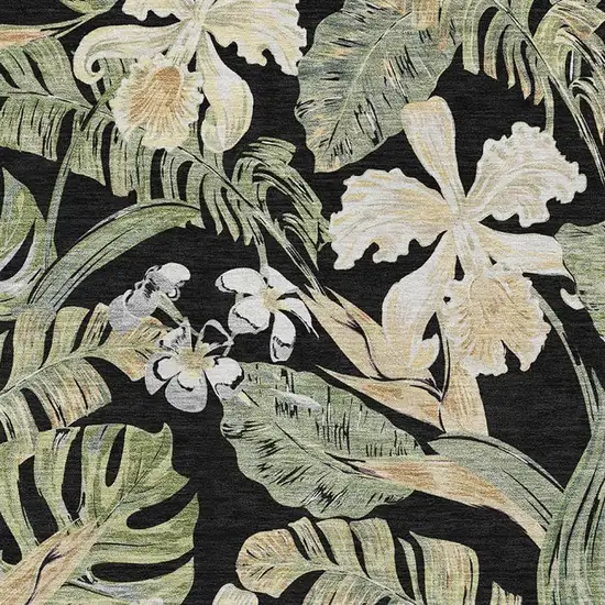 Black Green And Beige Floral Washable Area Rug With UV Protection Photo 2