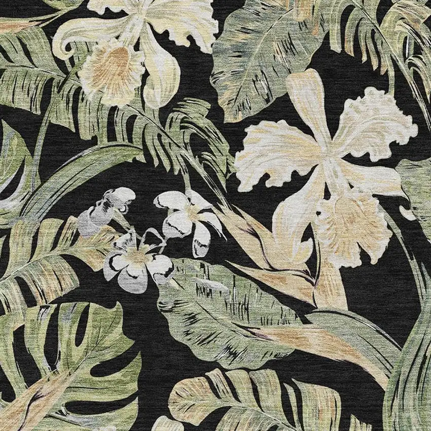 Black Green And Beige Floral Washable Area Rug With UV Protection Photo 2