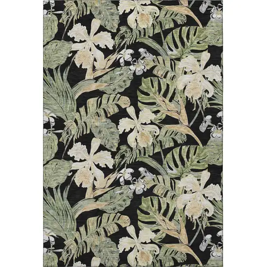 Black Green And Beige Floral Washable Area Rug With UV Protection Photo 3