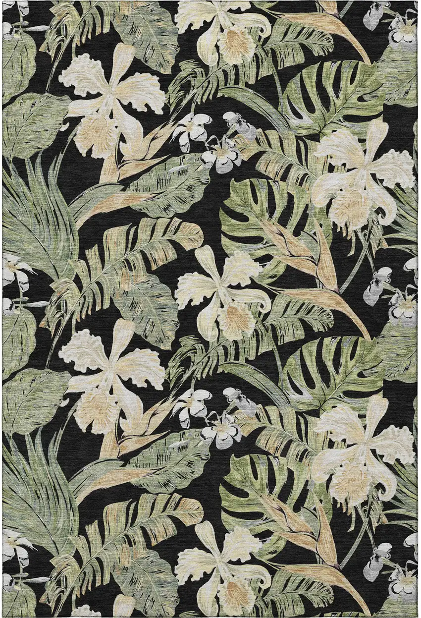Black Green And Beige Floral Washable Area Rug With UV Protection Photo 3