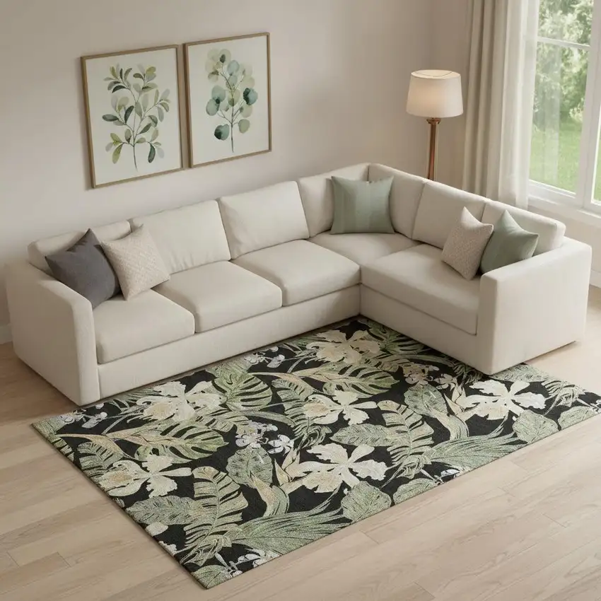 Black Green And Beige Floral Washable Area Rug With UV Protection Photo 2