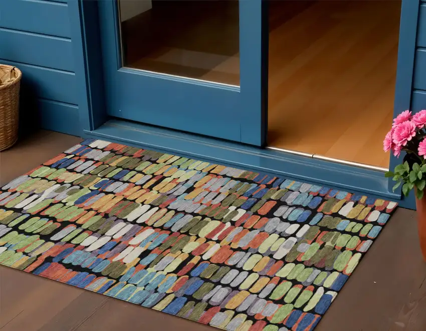 Black Green And Blue Abstract Washable Indoor Outdoor Area Rug Photo 1