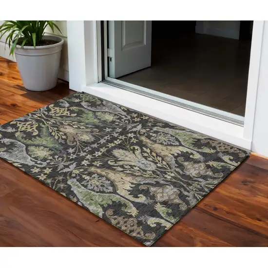 Black Green And Brown Floral Washable Indoor Outdoor Area Rug Photo 1