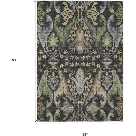 Black Green And Brown Floral Washable Indoor Outdoor Area Rug Photo 8