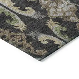 Photo of Black Green And Brown Floral Washable Indoor Outdoor Area Rug