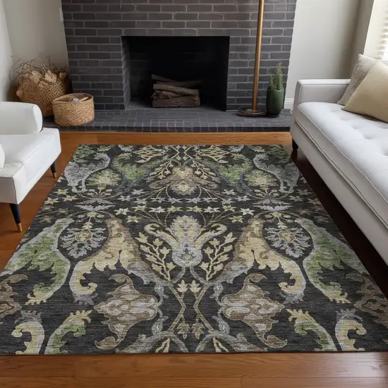 Black Green And Brown Floral Washable Indoor Outdoor Area Rug Photo 9