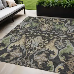 Photo of Black Green And Brown Floral Washable Indoor Outdoor Area Rug