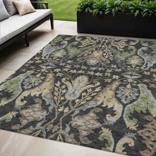 Black Green And Brown Floral Washable Indoor Outdoor Area Rug Photo 1