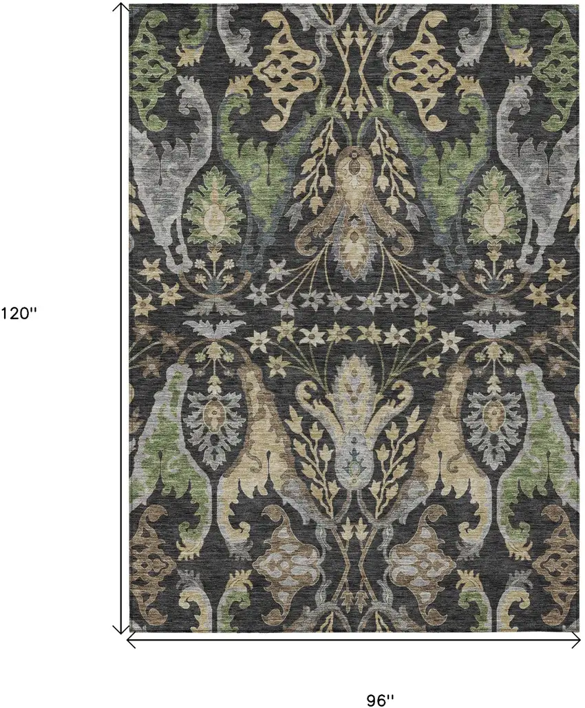 Black Green And Brown Floral Washable Indoor Outdoor Area Rug Photo 8