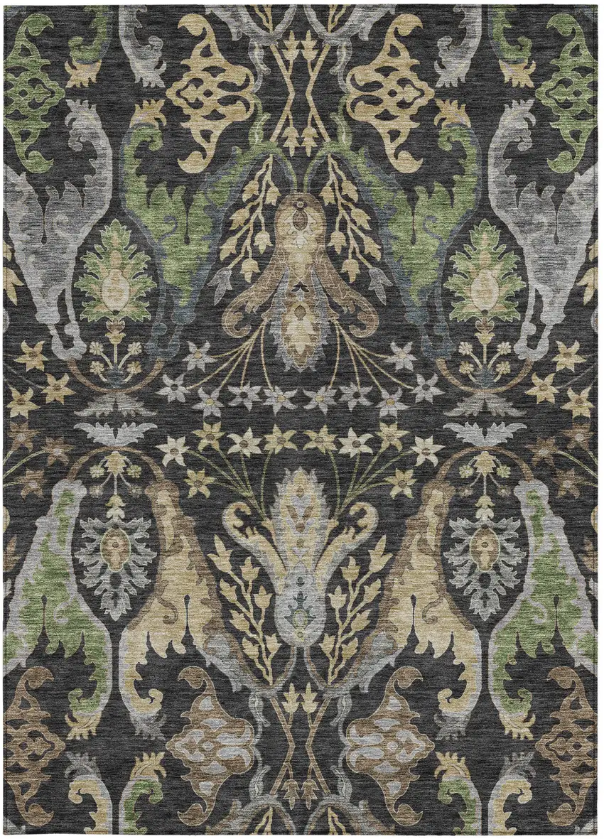 Black Green And Brown Floral Washable Indoor Outdoor Area Rug Photo 7
