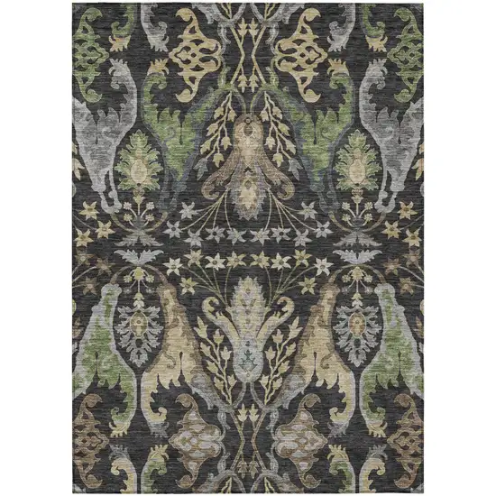 Black Green And Brown Floral Washable Indoor Outdoor Area Rug Photo 2