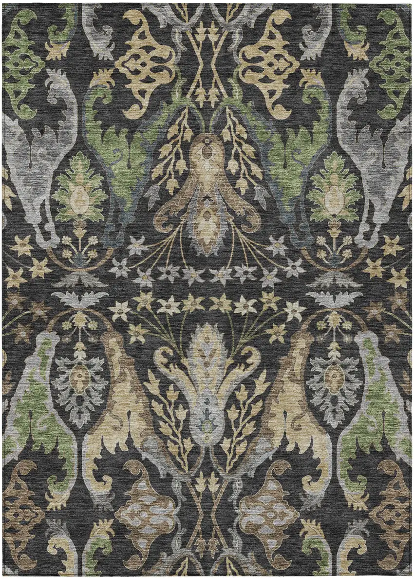 Black Green And Brown Floral Washable Indoor Outdoor Area Rug Photo 2