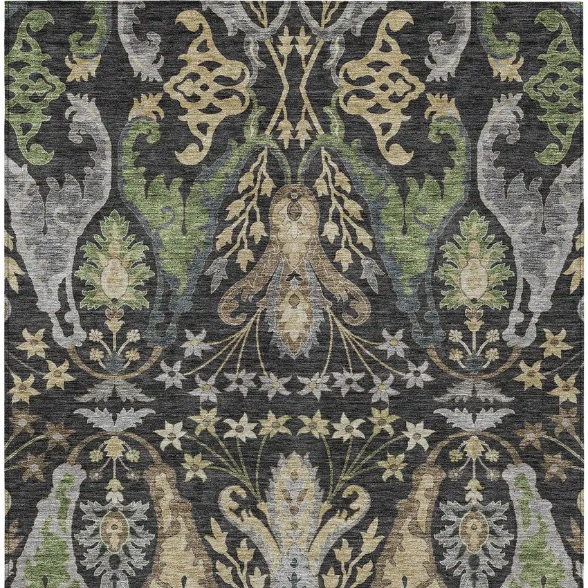 Black Green And Brown Floral Washable Indoor Outdoor Area Rug Photo 6
