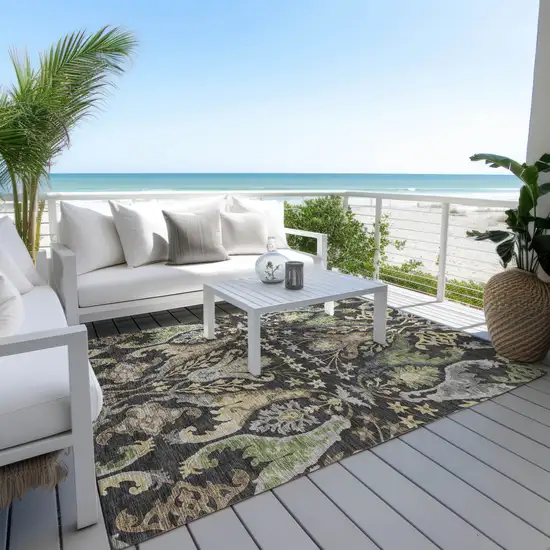 Black Green And Brown Floral Washable Indoor Outdoor Area Rug Photo 8