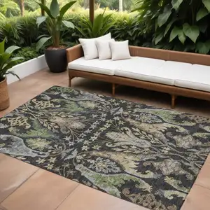 Photo of Black Green And Brown Floral Washable Indoor Outdoor Area Rug