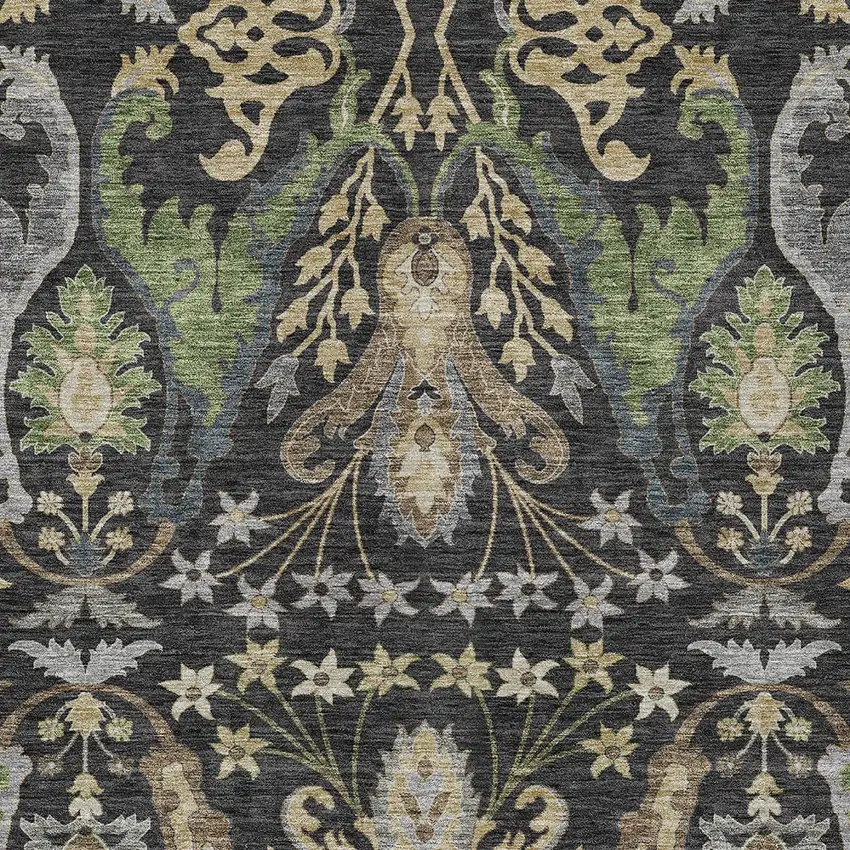 Black Green And Brown Floral Washable Indoor Outdoor Area Rug Photo 6