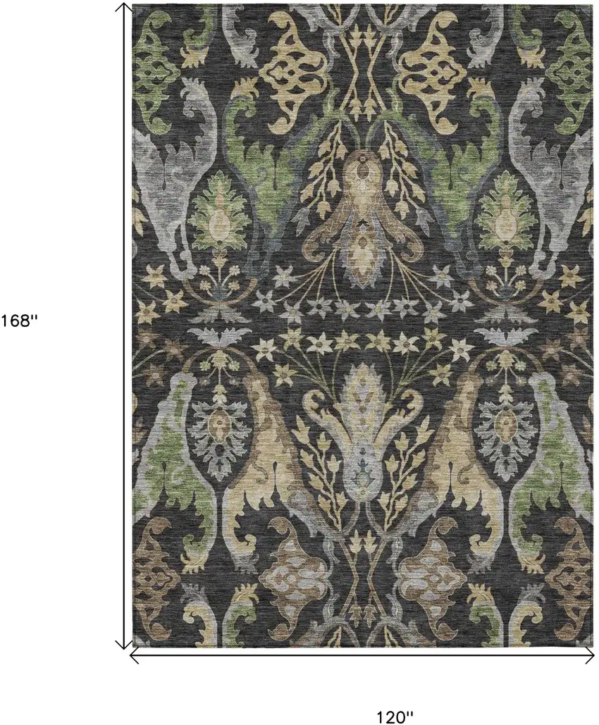 Black Green And Brown Floral Washable Indoor Outdoor Area Rug Photo 8