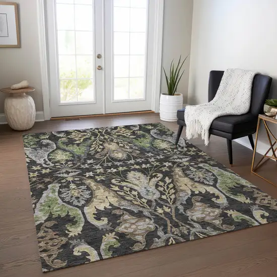 Black Green And Brown Floral Washable Indoor Outdoor Area Rug Photo 9
