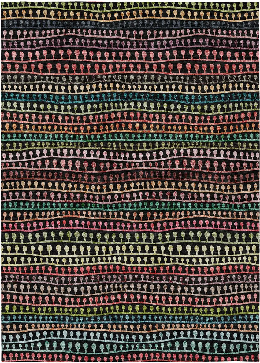 Black Green And Gold Striped Washable Indoor Outdoor Area Rug Photo 2