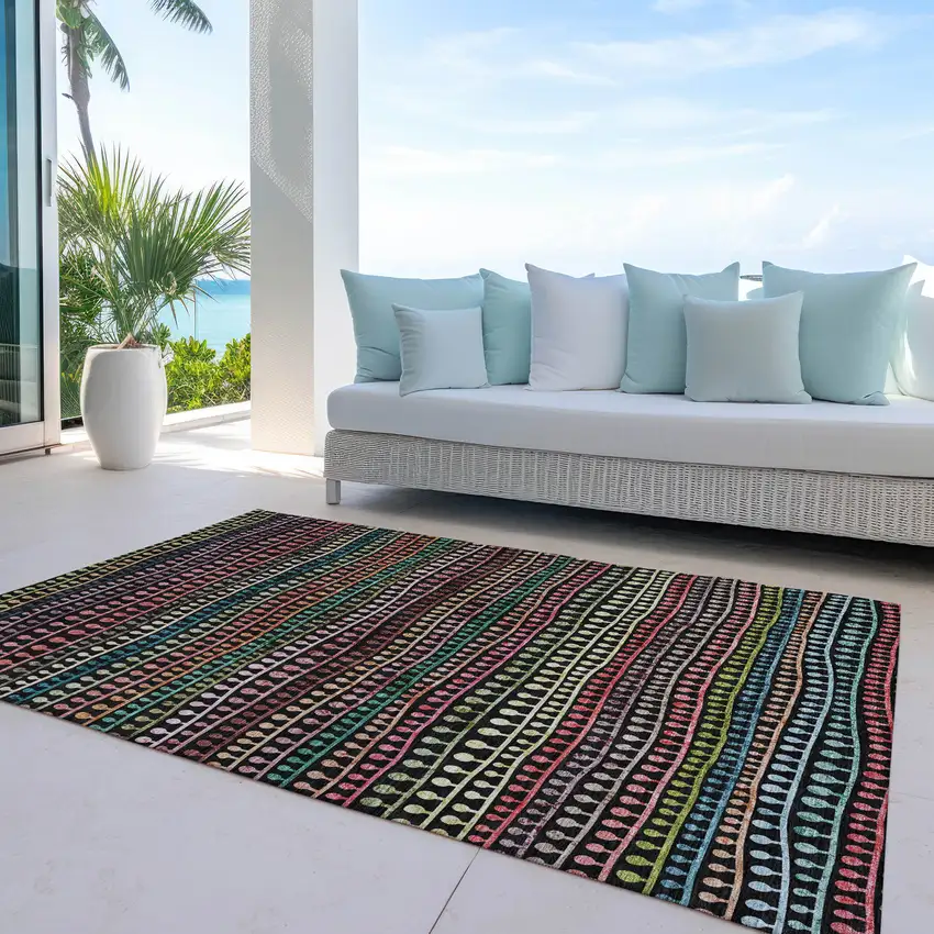 Black Green And Gold Striped Washable Indoor Outdoor Area Rug Photo 8