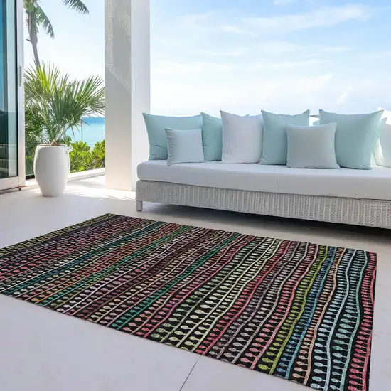 Black Green And Gold Striped Washable Indoor Outdoor Area Rug Photo 8