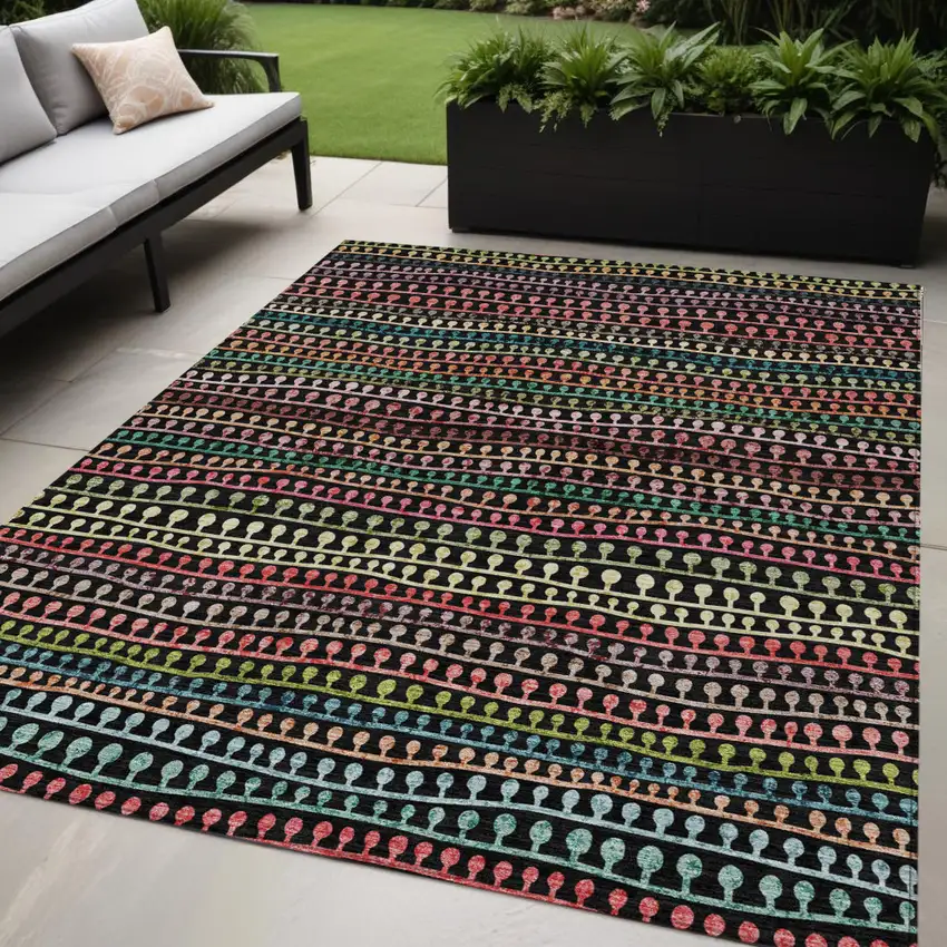 Black Green And Gold Striped Washable Indoor Outdoor Area Rug Photo 1