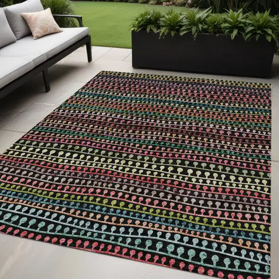 Black Green And Gold Striped Washable Indoor Outdoor Area Rug Photo 1