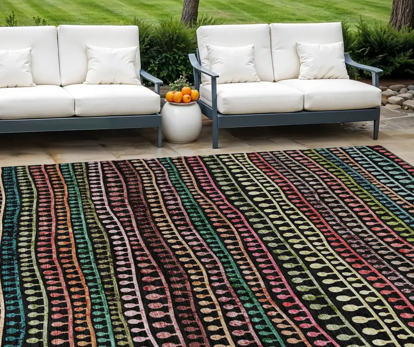 Black Green And Gold Striped Washable Indoor Outdoor Area Rug Photo 1