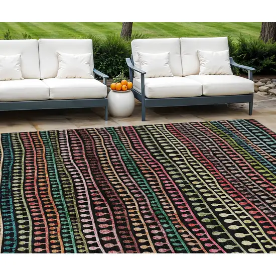 Black Green And Gold Striped Washable Indoor Outdoor Area Rug Photo 1