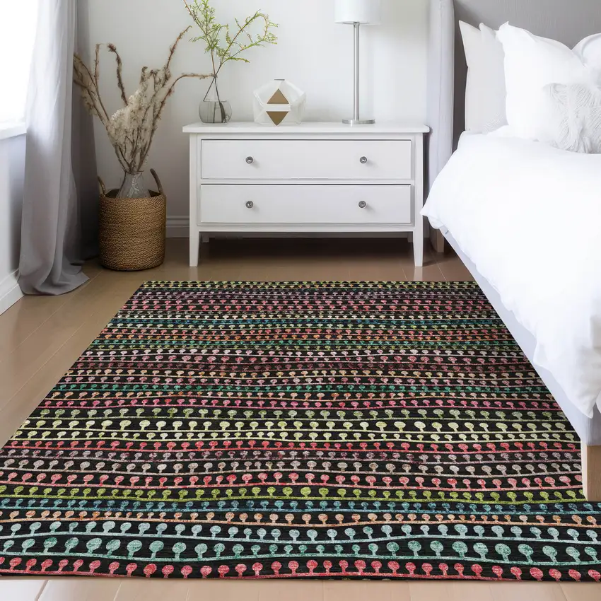 Black Green And Gold Striped Washable Indoor Outdoor Area Rug Photo 9