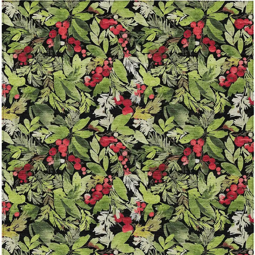 Black Green And Red Botanical Leaves Washable Indoor Outdoor Area Rug Photo 9