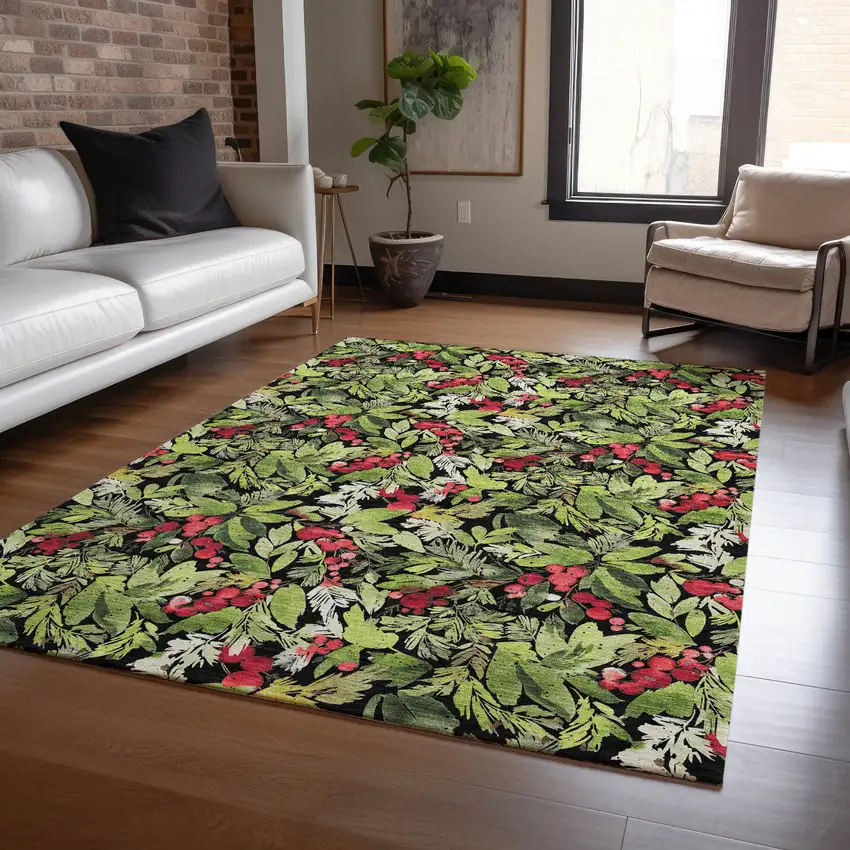 Black Green And Red Botanical Leaves Washable Indoor Outdoor Area Rug Photo 6