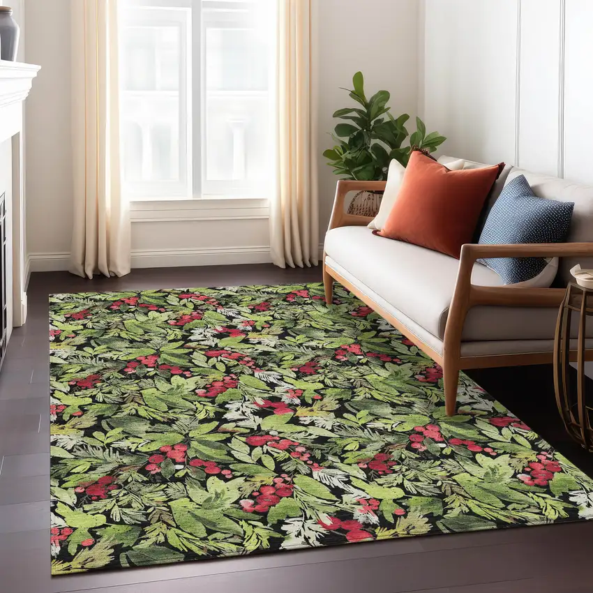 Black Green And Red Botanical Leaves Washable Indoor Outdoor Area Rug Photo 7