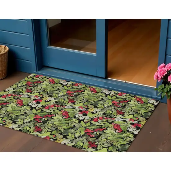 Black Green And Red Botanical Leaves Washable Indoor Outdoor Area Rug Photo 2