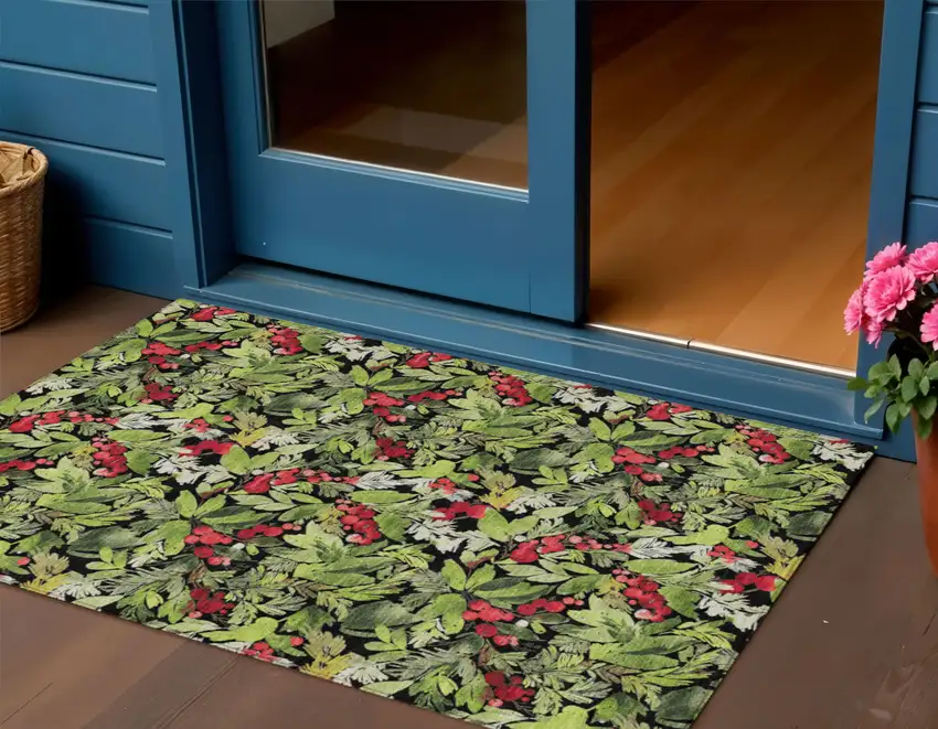 Black Green And Red Botanical Leaves Washable Indoor Outdoor Area Rug Photo 2