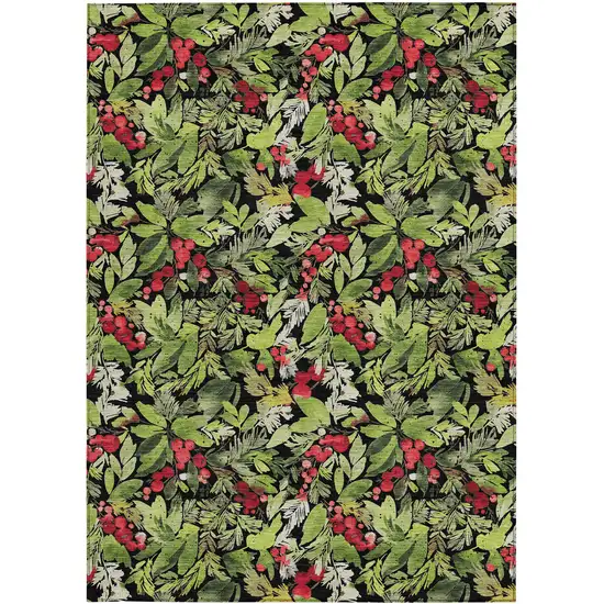 Black Green And Red Botanical Leaves Washable Indoor Outdoor Area Rug Photo 3